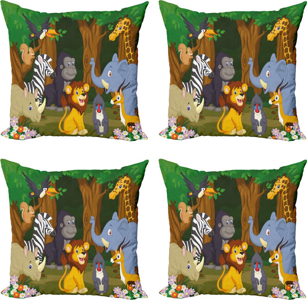 ABAKUHAUS Tier Kissenbezug Set (4 Stück), Cartoon-Elefant-Löwe, Moderner Doppelseitiger Digitaldruck, 45 cm x 45 cm, Brown und Farn-Grün