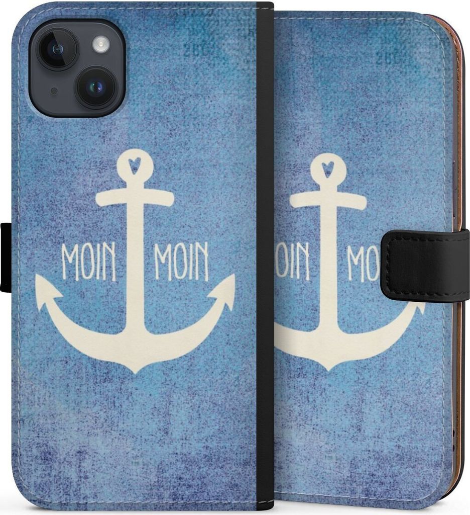 DeinDesign Klapphülle für Apple iPhone 14 Plus Handytasche Lederhülle Tasche Anker Blau maritim