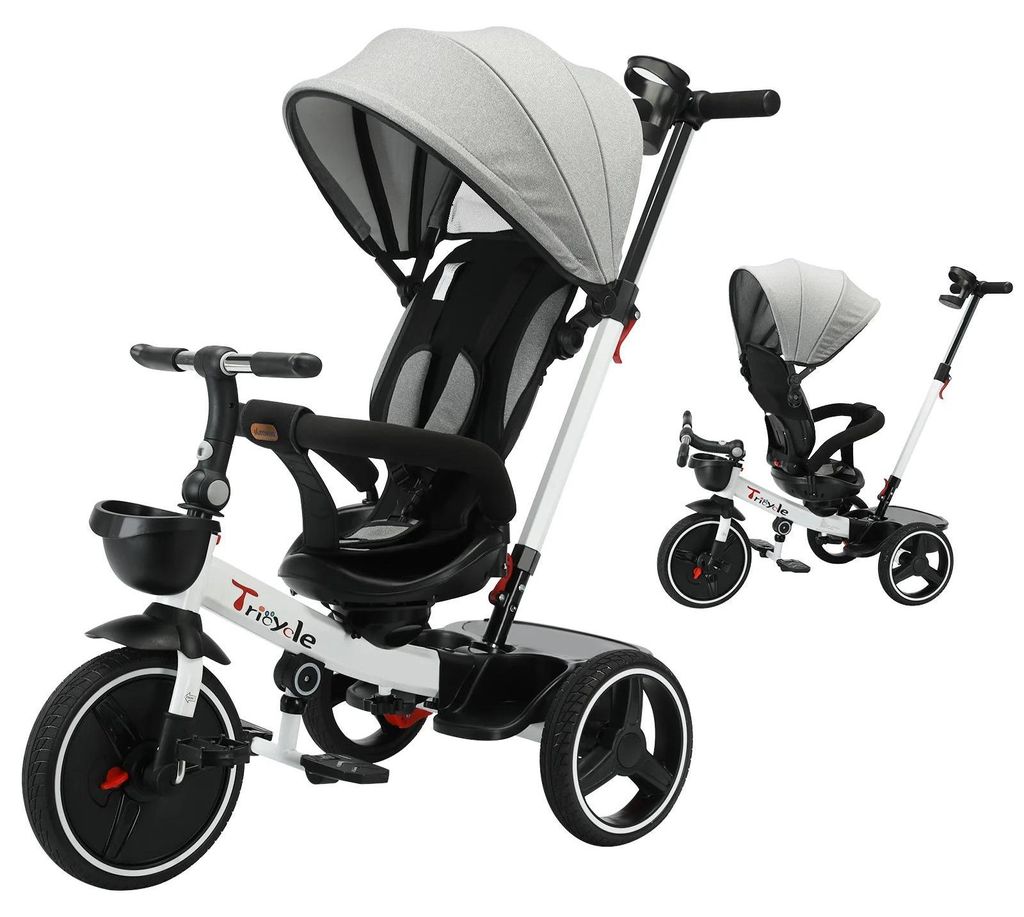 Kinder Dreirad - Dreirad Mit Schiebestange - 5‐in‐1 - Liegesitz - 3‐Punkt‐Gurt - Federung - Sonnenverdeck - Für 1–5 Jahre - Grau
