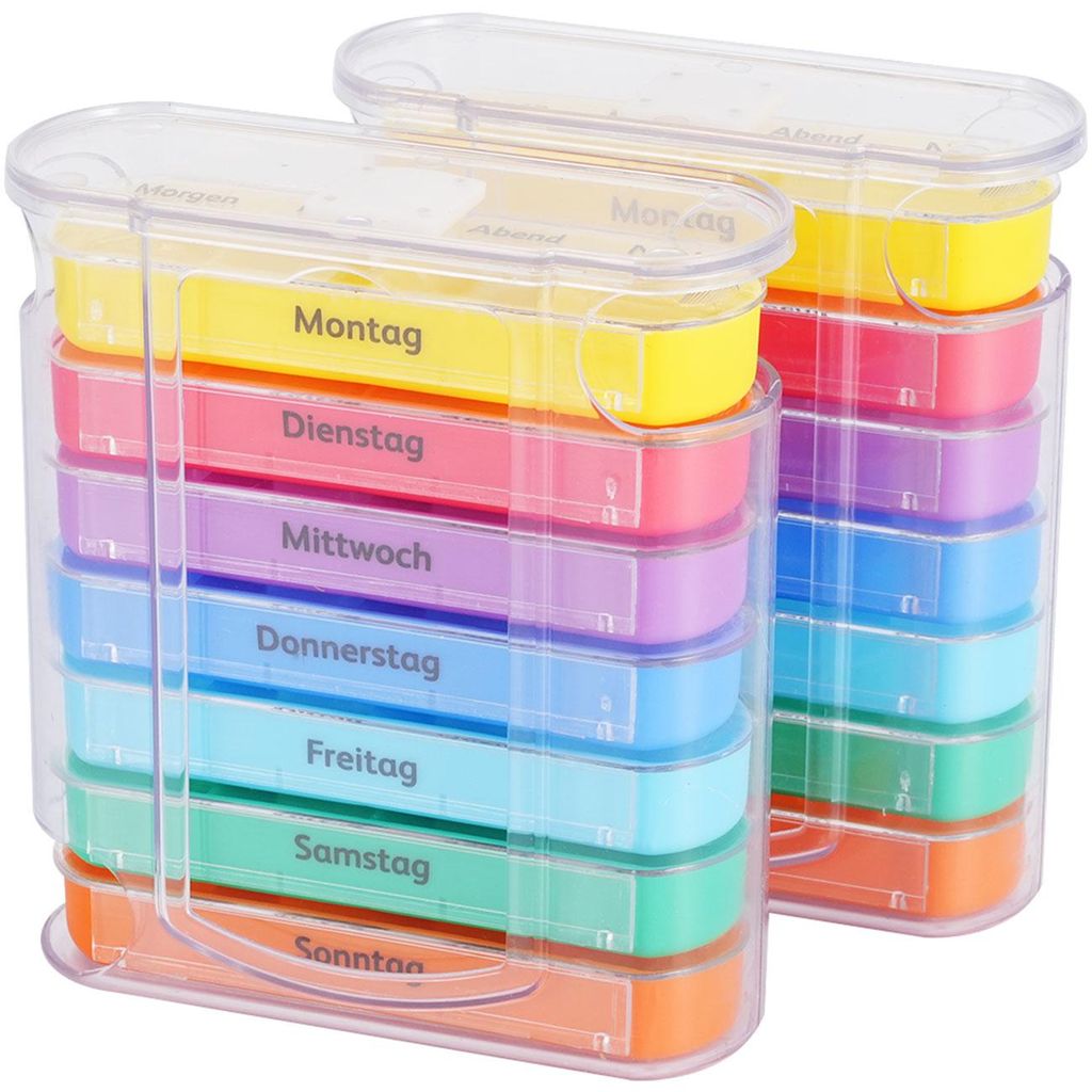 2er Set Medikamentenbox 7 Tage: Bunt, 4 Fächer täglich – Produktbild 