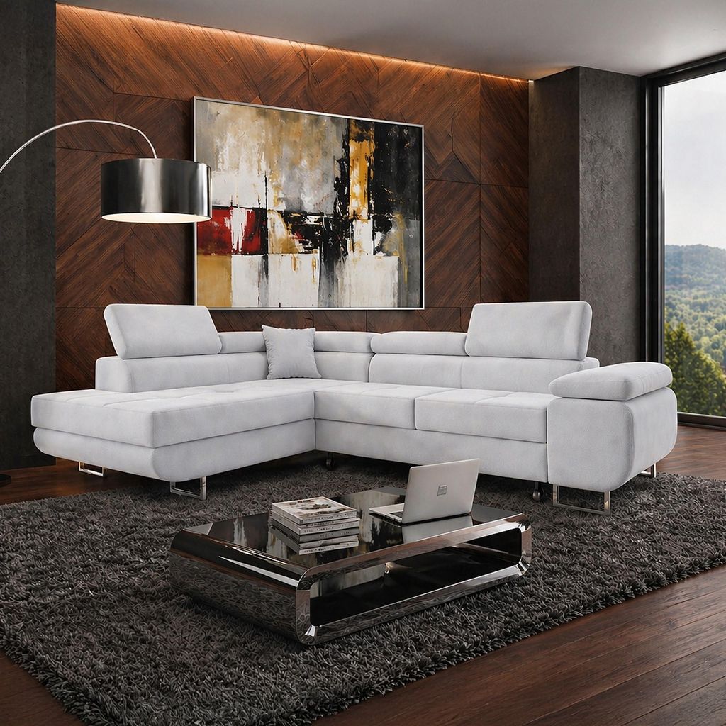 Wohnlandschaft Ecksofa Silbergrau Samt Ottomane Links mit Bettfunktion und Bettkasten – Modernes Design trifft auf maximalen Komfort