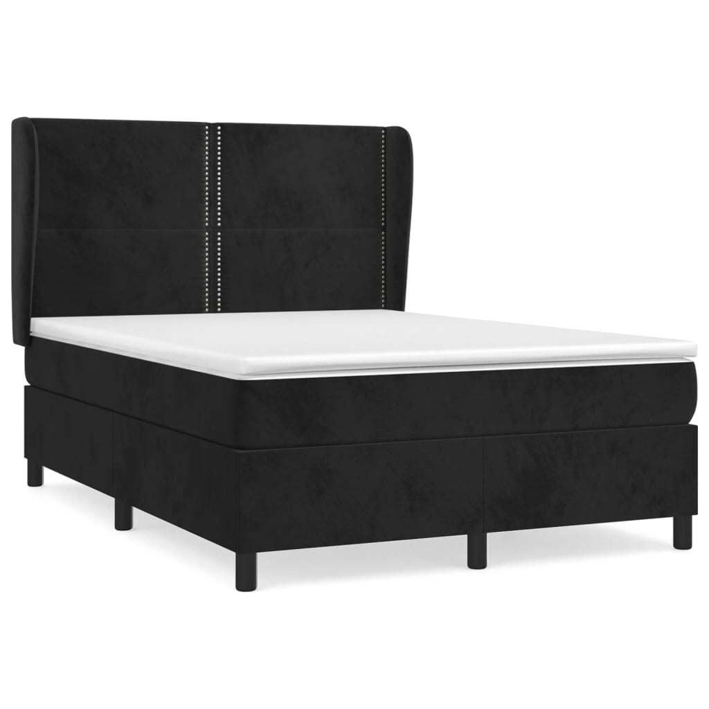 A black boxspring bed with a white mattress is shown against a white background.