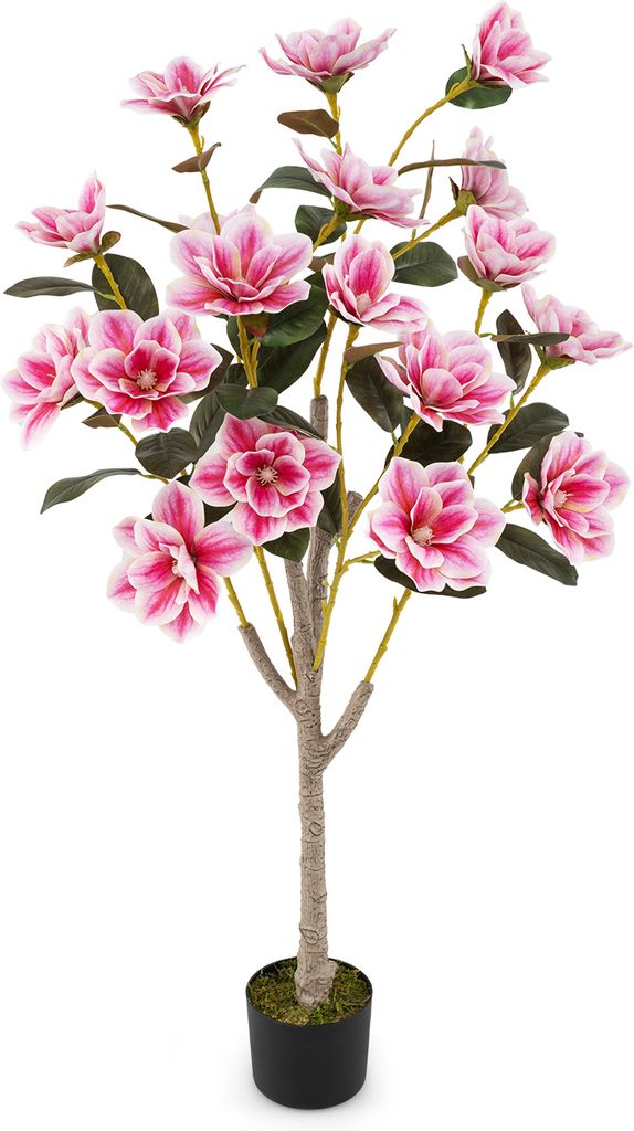 COSTWAY 90cm Kunstbaum mit Blüten, künstlicher Magnolienbaum, Kunstpflanze im Topf, Kamelienpflanze mit Stämmen & realistischem Moos, Kunstblume...