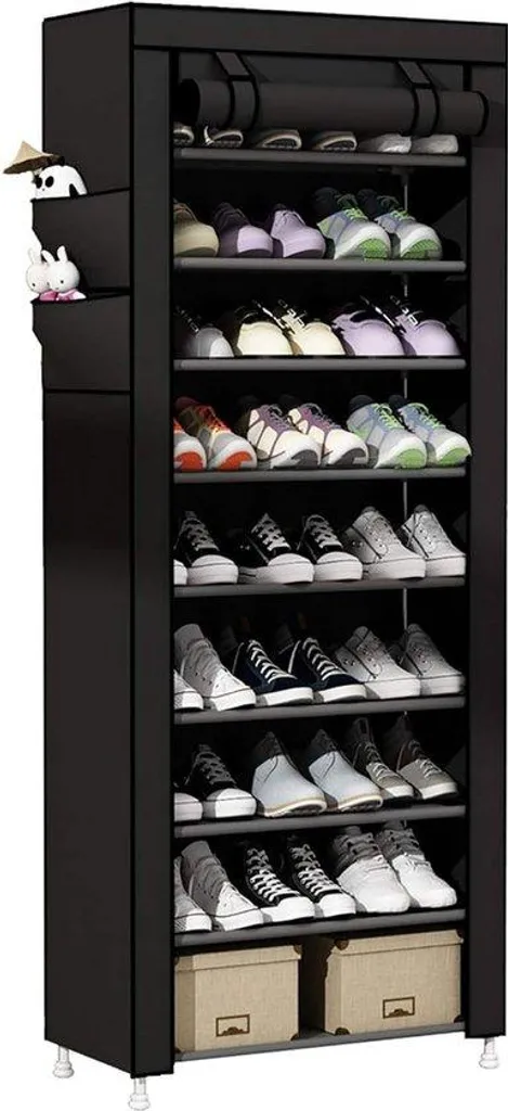 Meuble à chaussures 9 niveaux en métal noir compact et fonctionnel