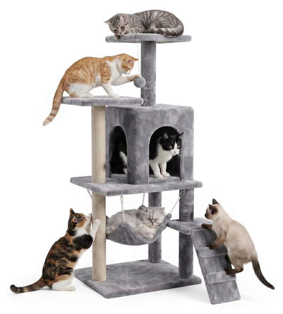 Kratzbaum für Katzen, hoher Spielbaum 138 cm, 4 ebenen, Katzenturm mit Häuschen Hängematte Stufen Plüschball, Grau