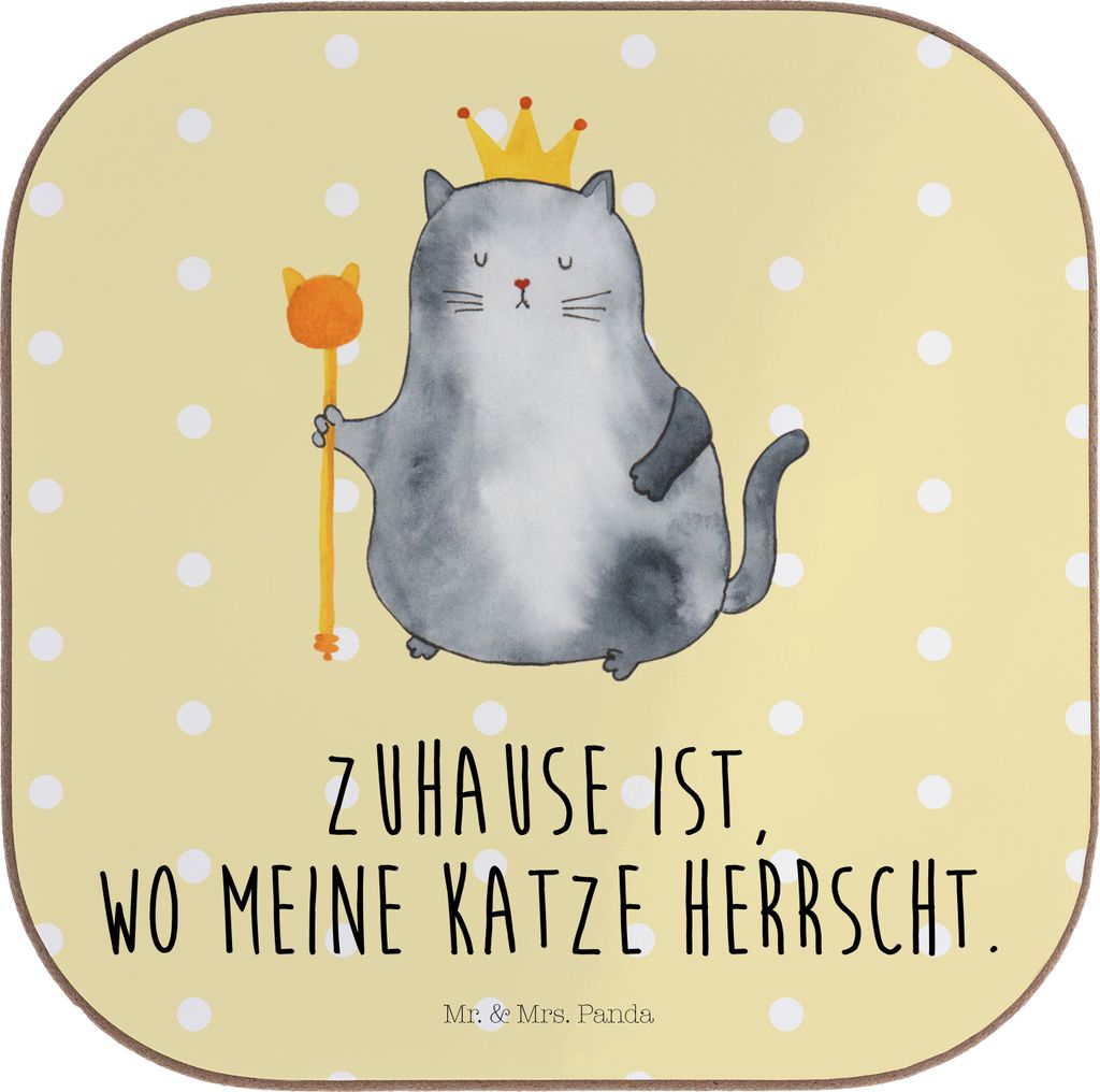 Mr. & Mrs. Panda Untersetzer Glas Katze König - Gelb Pastell - Geschenk, Cat, Coaster, Katzen, Cats, gläseruntersetzer, Haha, Tassenuntersetzer, ...