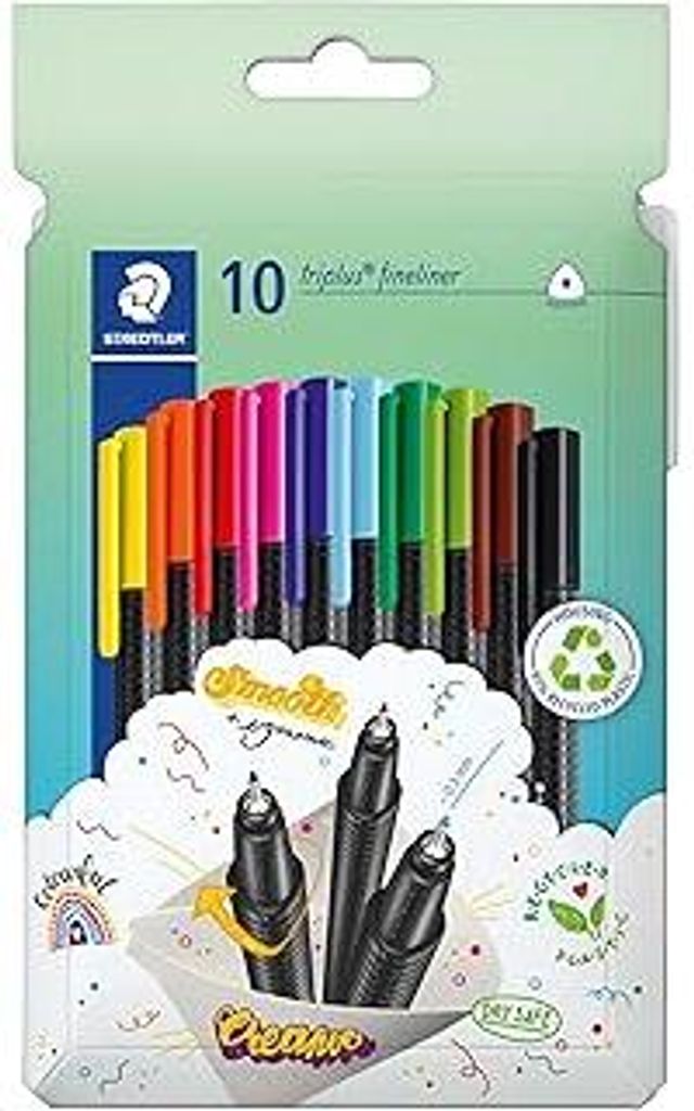 STAEDTLER triplus Fineliner 334, dreikant, superfeine, metallgefasste Spitze, ca. 0.3 mm, aus 97% Rezyklat, Germany, Set mit 10 brillanten Farben ...
