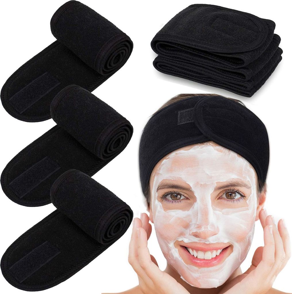 Haarband für Make Up, 4PCS Kosmetik Stirnband Frottee, verstellbare Haarschutzband mit Klettverschluss für Sport, Yoga, Washen, Schwarz