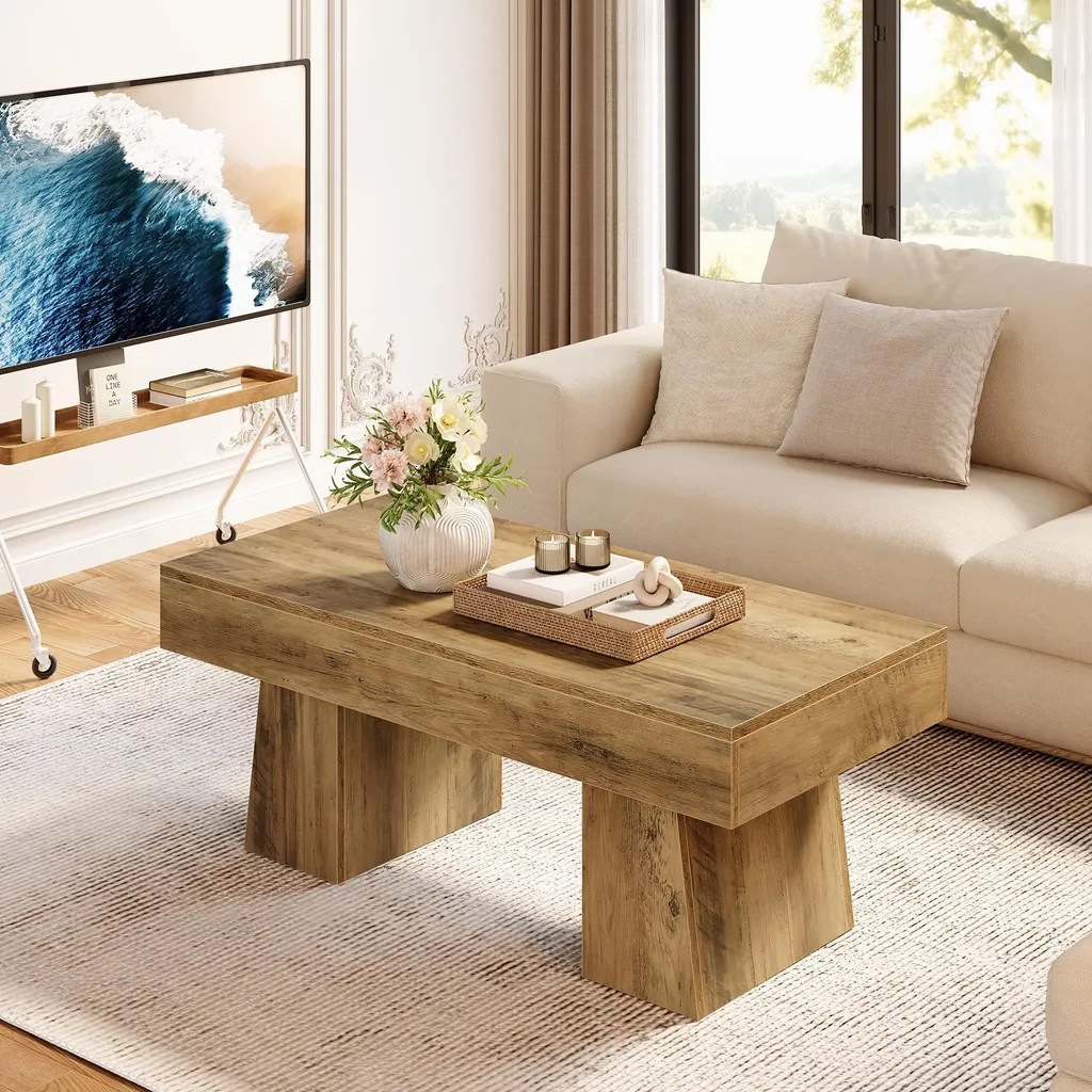 Tribesigns Table Basse Rustique 120 cm avec Socle Épais en Bois Marron - 3