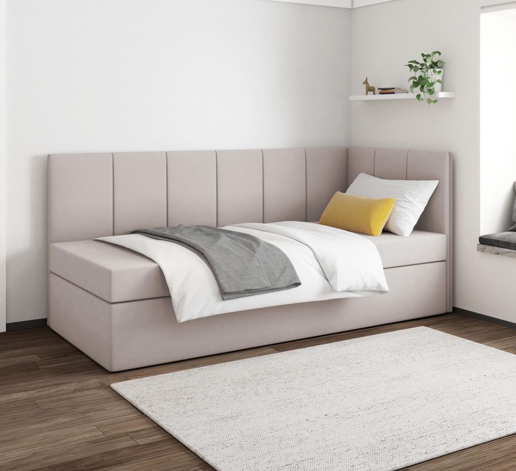 Boxspringbett MILA 90x200 cm, T25 Topper, Kinderbett, Jugendbett, Einzelbetten, Bett, Stauraum Polsterbett, Matratze H3, RECHTS (Beige - Itaka 46)