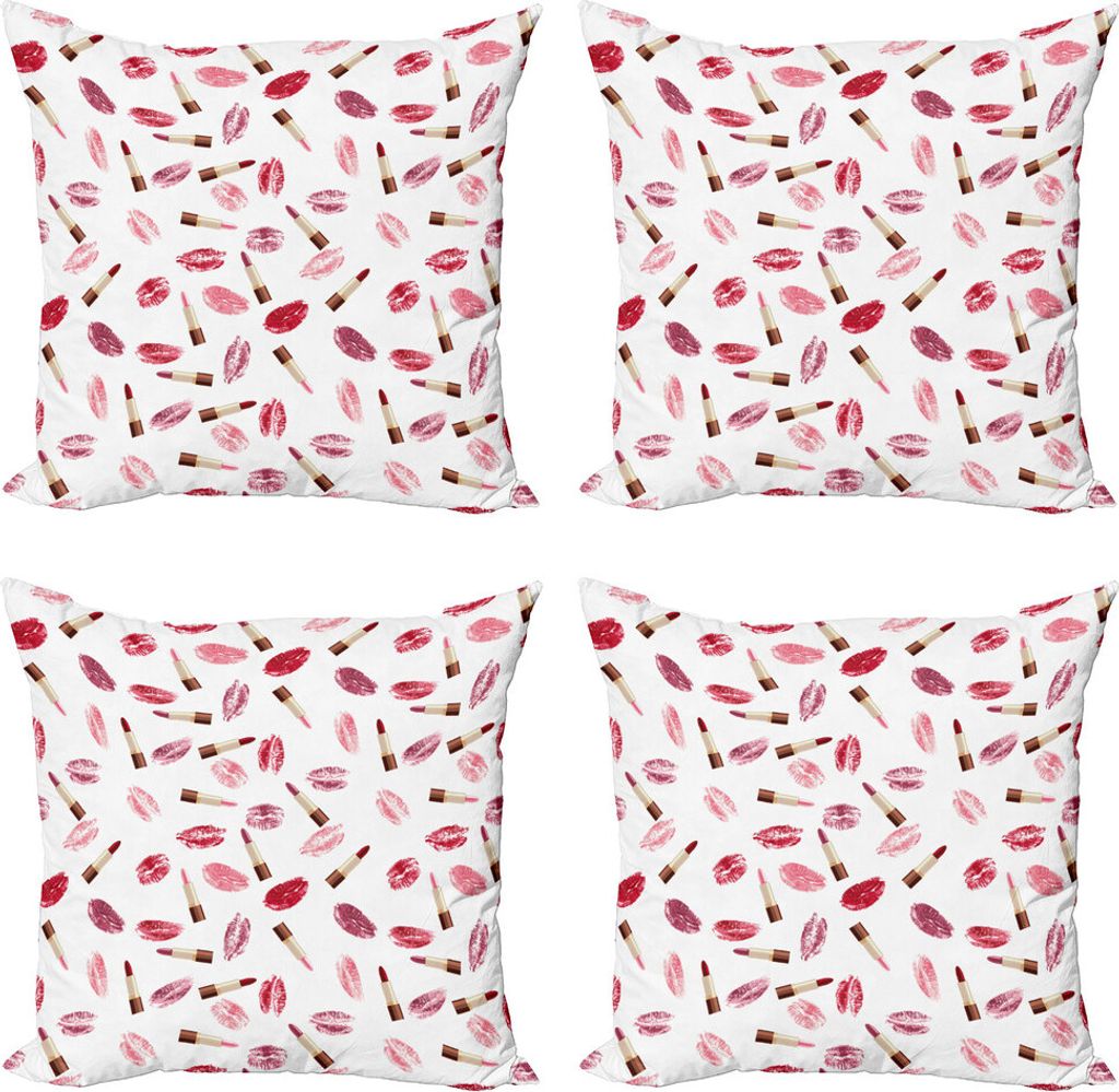 ABAKUHAUS Kosmetika Kissenbezug Set (4 Stück), Lippenstift-Kuss Makeup, Moderner Doppelseitiger Digitaldruck, 45 cm x 45 cm, Burgunder und Rosa