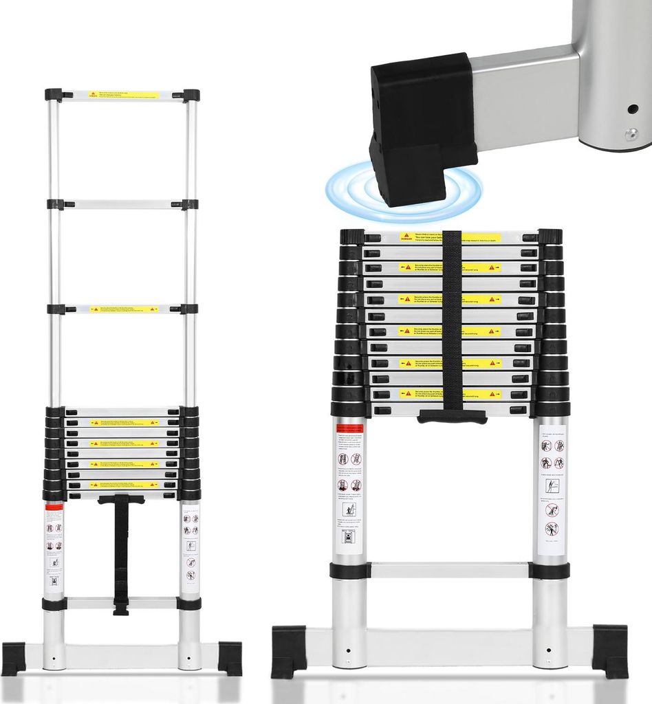Faziango Premium Alu Teleskopleiter Ausziehleiter Klappleiter Höhe 5M Antirutsch Mehrzweckleiter mit Stabilisator