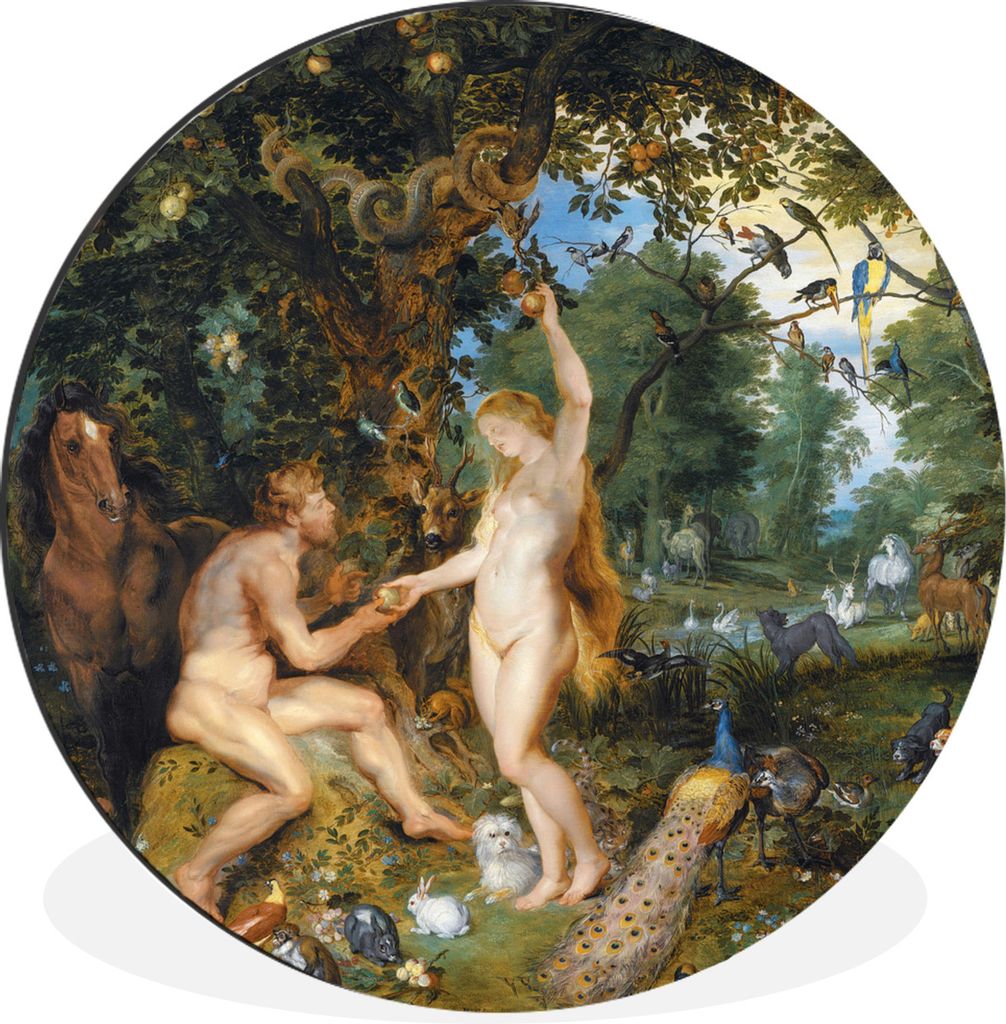 MuchoWow Aluminium Wandkreis Das irdische Paradies mit dem Sündenfall von Adam und Eva - Gemälde von Peter Paul Rubens Ø 30 cm Wanddeko Modern...