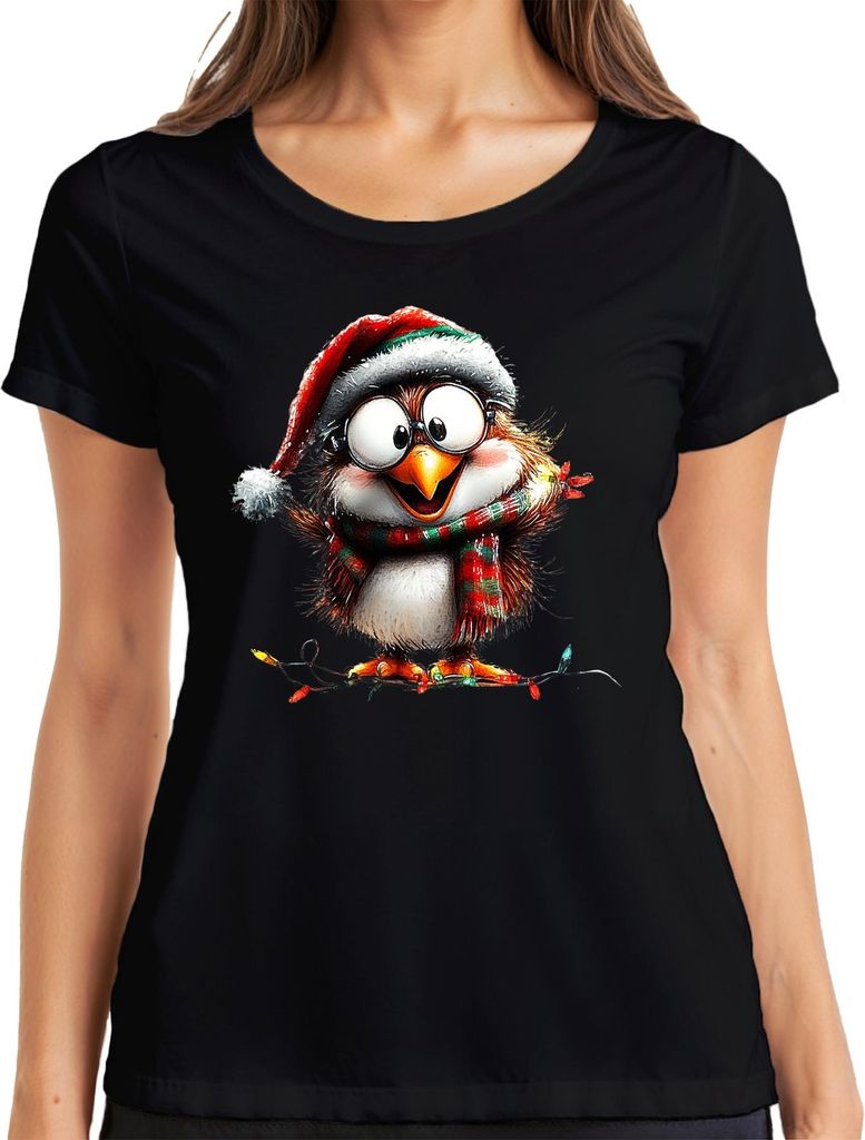 Niedliche Weihnachtseule Lichterkette Brille Schal Geschenk Damen T-Shirt, Schwarz, L