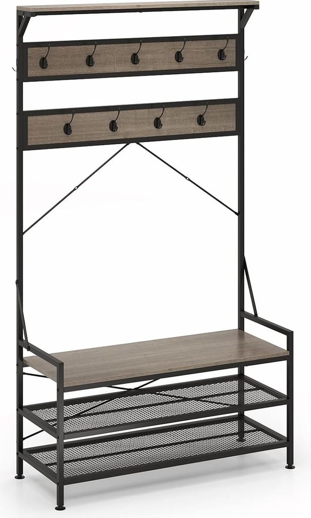 GOPLUS Garderobenständer mit Sitzbank, Kleiderständer mit 9 Haken und Schuhregal, Garderobe Flurregal für Flur, Schlafzimmer, Grau,102 x 40 x 18...