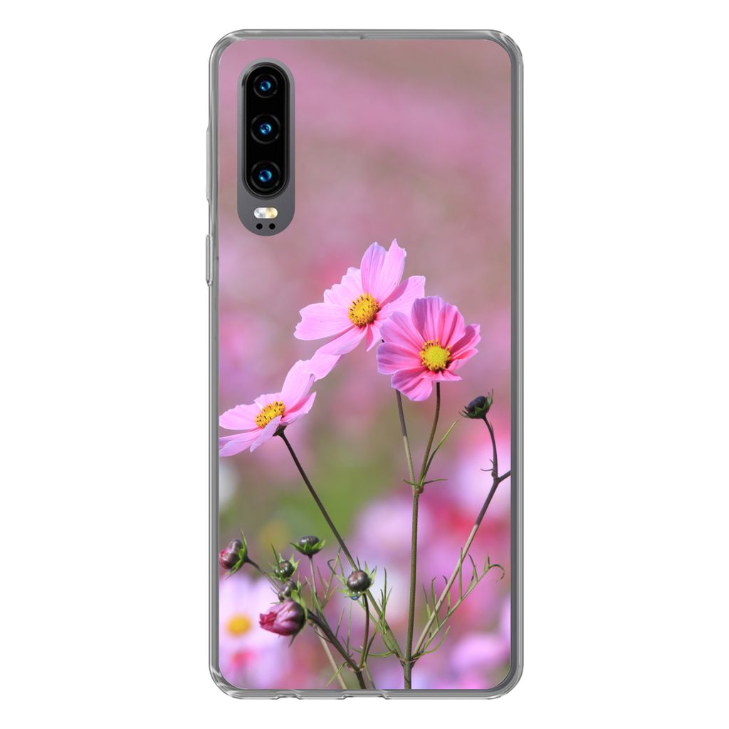 MuchoWow Handyhülle Schutzhülle Hülle für Huawei P30 Blumen - Draußen - Rosa Silikon Softcase Handy Hülle - Kartenbesitzer