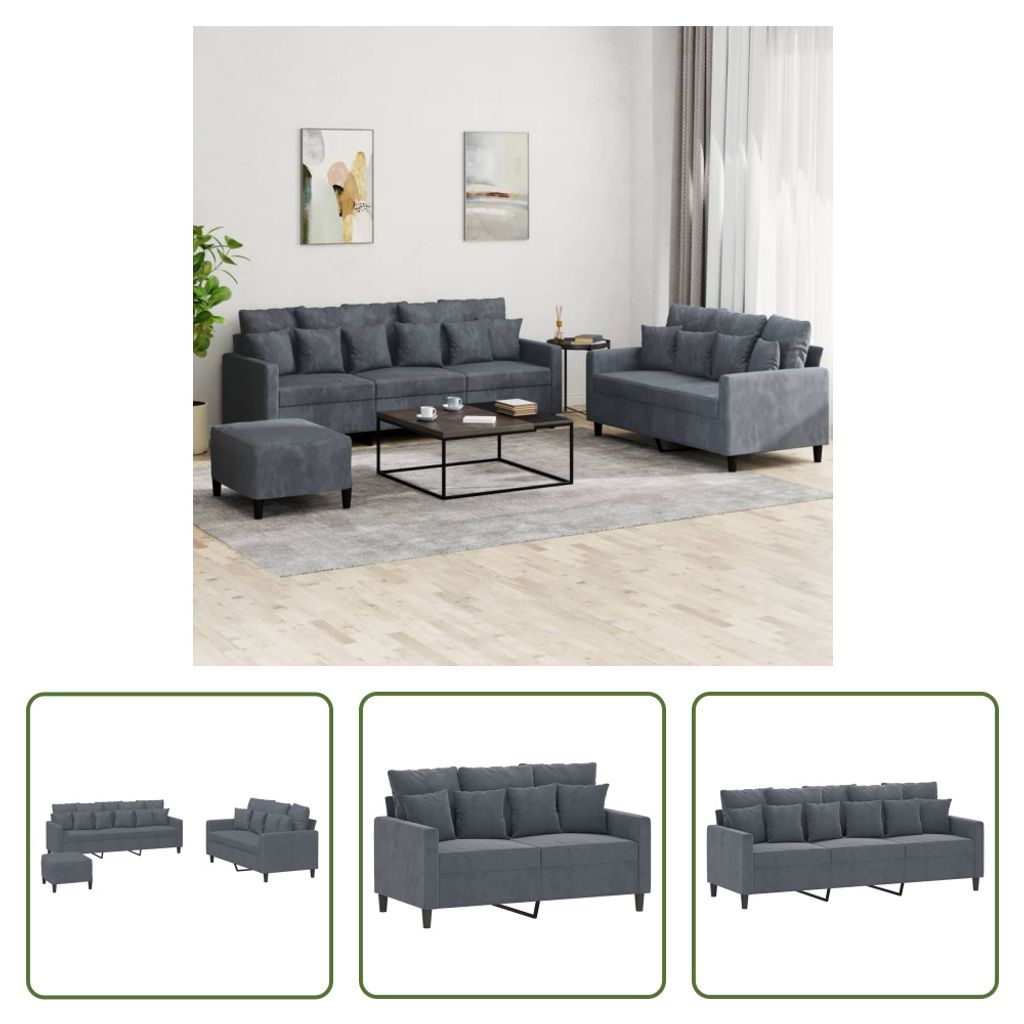 The Living Store 3-tlg. Sofagarnitur mit Kissen Dunkelgrau Samt
