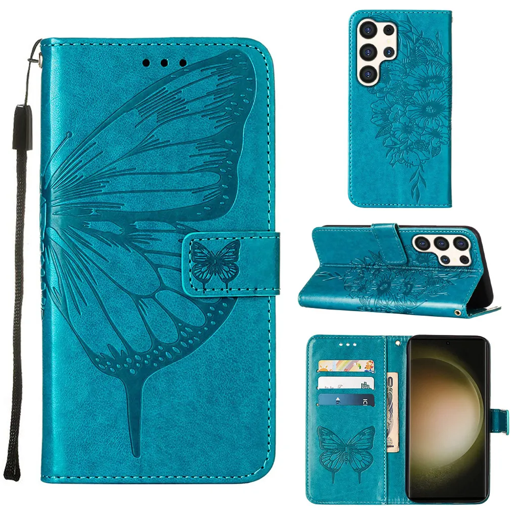 Custodia Samsung S24 Ultra Farfalla Blu - Cover Portafoglio in Pelle