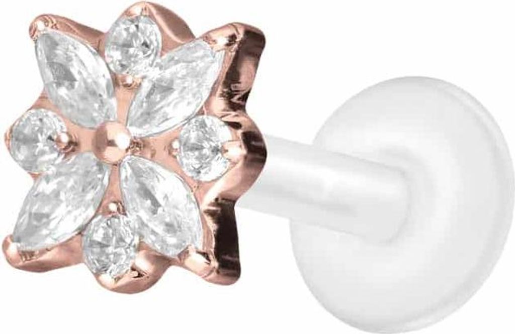 Ohrpiercing, Nasenpiercing PTFE Labret mit Innengewinde + Titan-Aufsatz KRISTALLBLUME RoséGold Stablänge: 6mm | Stabstärke: 1,2mm