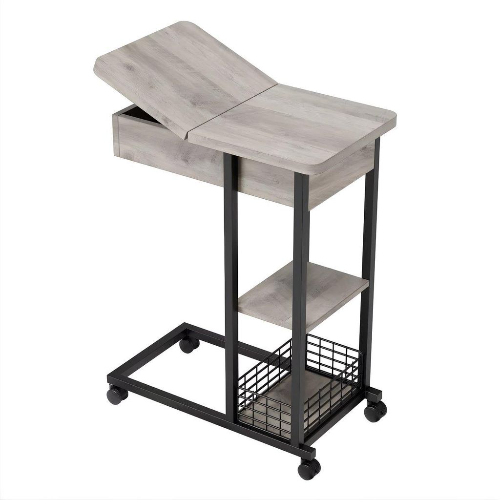 C-förmiger Beistelltisch - Klappbar mit Ablageboden & Rollen - Industrie-Design - Grau