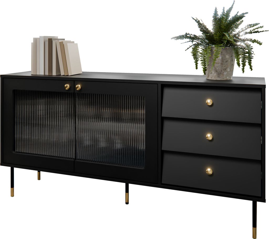 MIRJAN24 Sideboard Valerio 150, Kommode mit zwei Drehtür und drei Schubladen, Scharniere mit gedämpftem Schließsystem (Farbe: Schwarz)