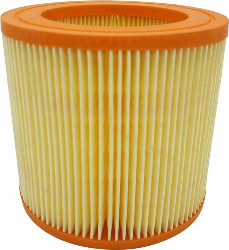 A cylindrical air filter with orange plastic ends and pleated yellow paper filtering material.