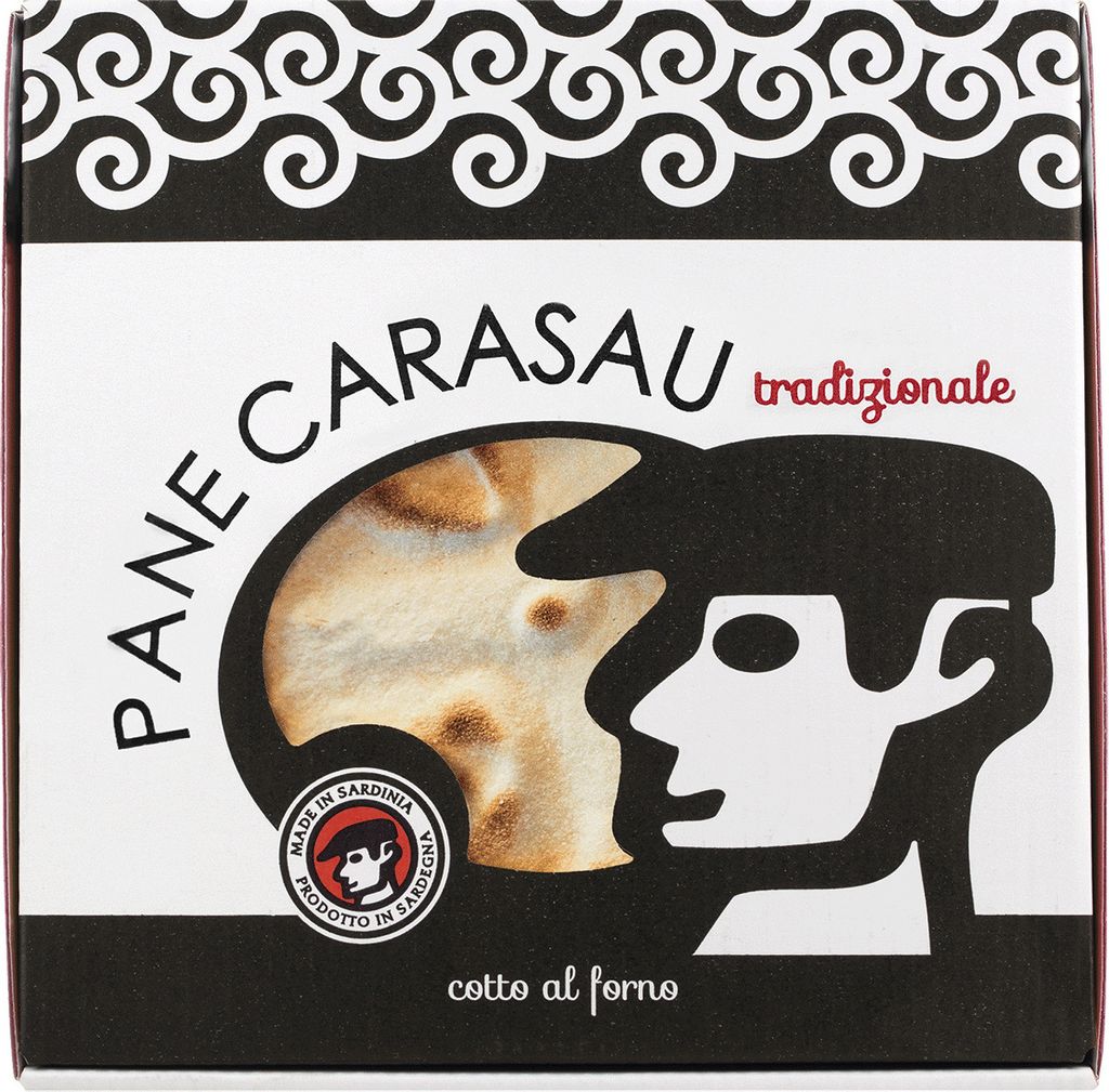 The image shows the packaging of Pane Carasau, a traditional thin, crispy flatbread from Sardinia.