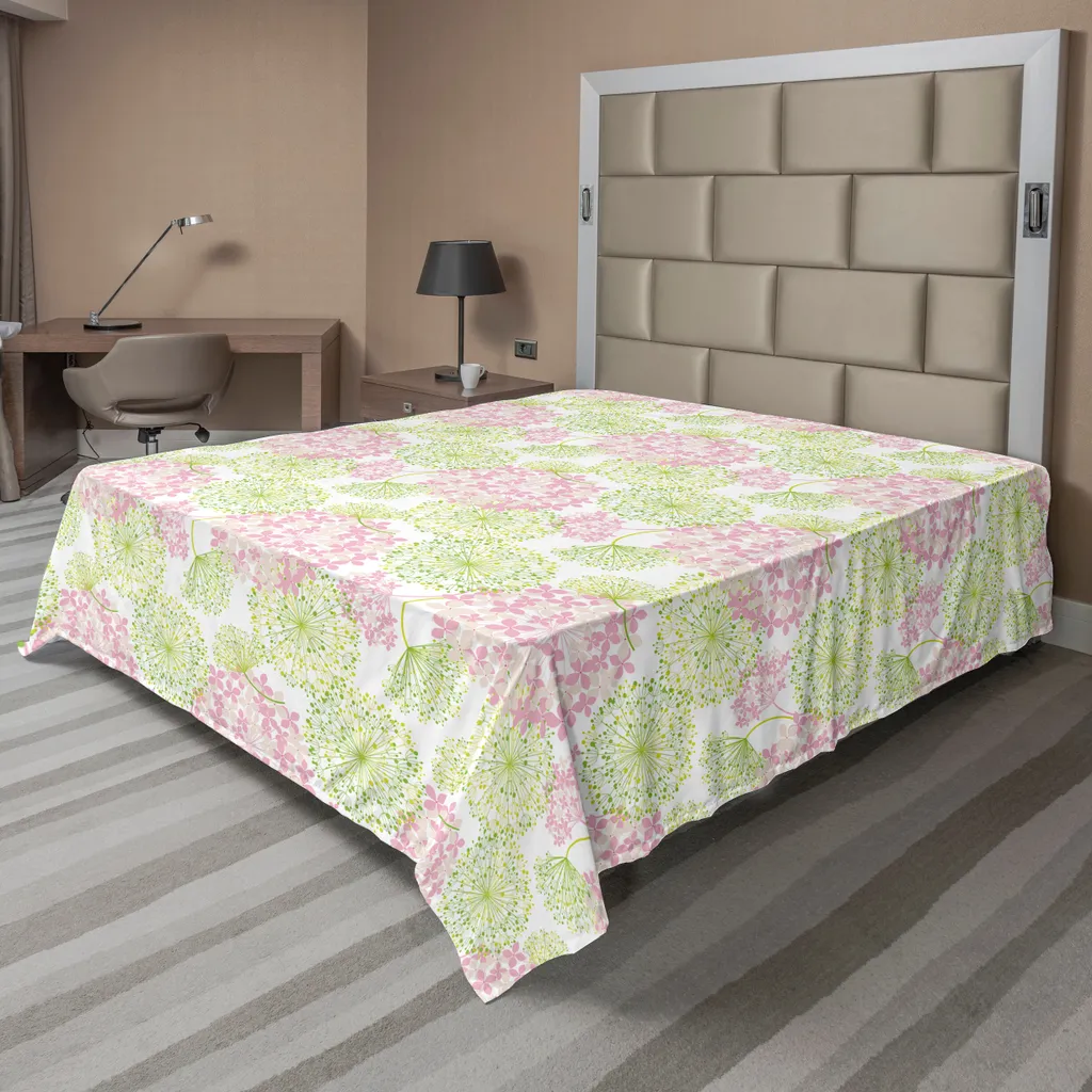 ABAKUHAUS Drap de Lit à Fleurs Pissenlits 260x228 cm en Vert et Rose