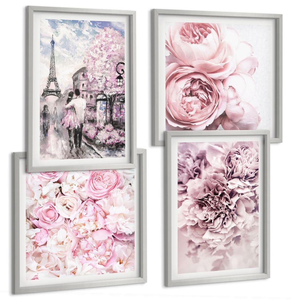 Bilder Set 4-teilig im silbergerahmten Rahmen – Wandbilder 4 Stück – gerahmte Poster für Wohnzimmer, Schlafzimmer und Flur – 50x50 cm - 40x...