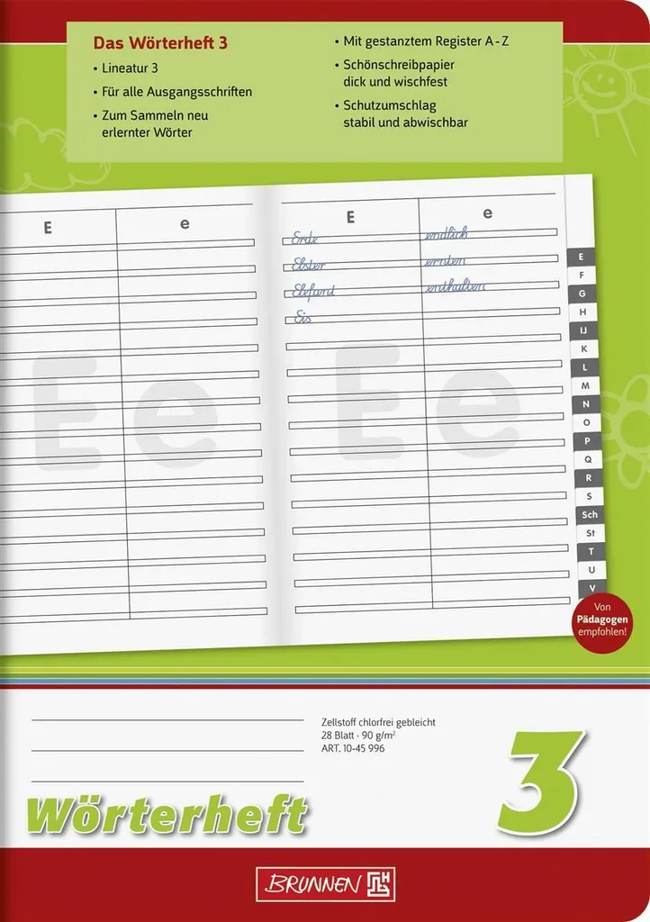 Cahier de vocabulaire BRUNNEN 1045996 Wörterheft 3 A5 28 feuillets lot de 10