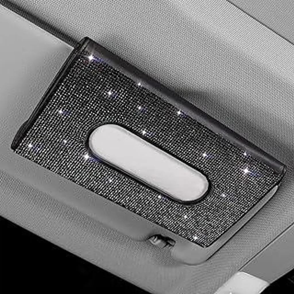 Portafazzoletti in pelle Bling Portafazzoletti glitterato per parasole dell'auto Portafazzoletti per auto Portafazzoletti in cristallo per donna, portafazzoletti cosmetici per parasole (Bling nero, 1 pezzo) - 1