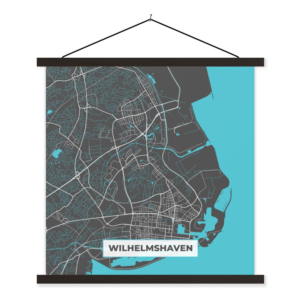 MuchoWow Textilposter Blau - Deutschland - Karte - Stadtplan - Wilhelmshaven 90x90 cm mit schwarzem Rahmen - Magnetisches
