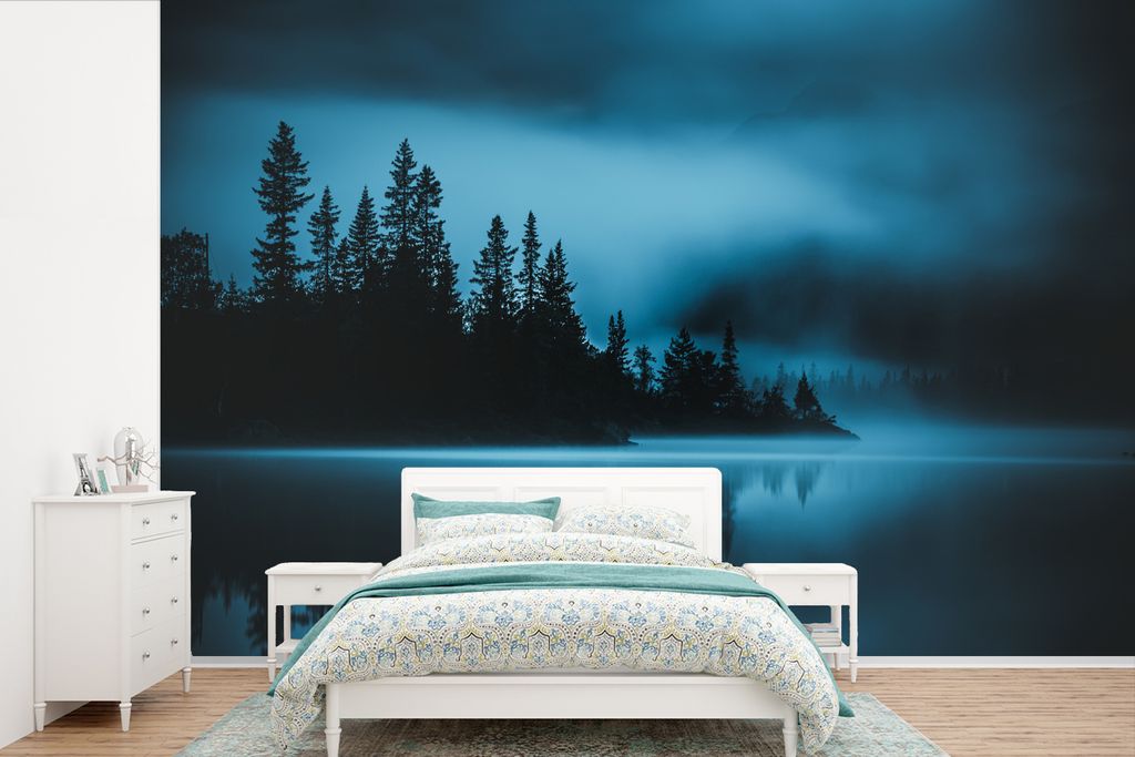 MuchoWow Fototapete für Wohnzimmer oder Schlafzimmer Wandtapete Vinyl Motivtapete Wald - Nebel - Wasser - 390x260 cm - Papiertapete