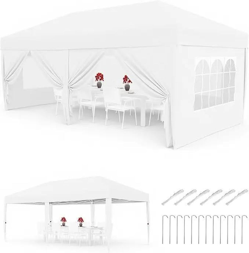 Faltpavillon Gartenzelt - 3 x 6 m Pop Up Pavillon - Wasserdicht - 6 Seitenteile - UPF 50+ - Höhenverstellbar - Mit Tragetasche - Weiß
