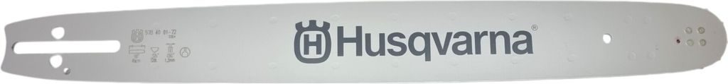 A silver chainsaw bar with the Husqvarna logo and text etched onto it, presented on a white background.