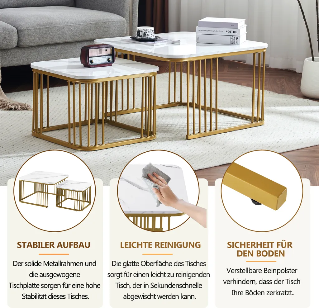 Table d'Appoint Haute Brillance Effet Marbre et Cadre Métal Robuste