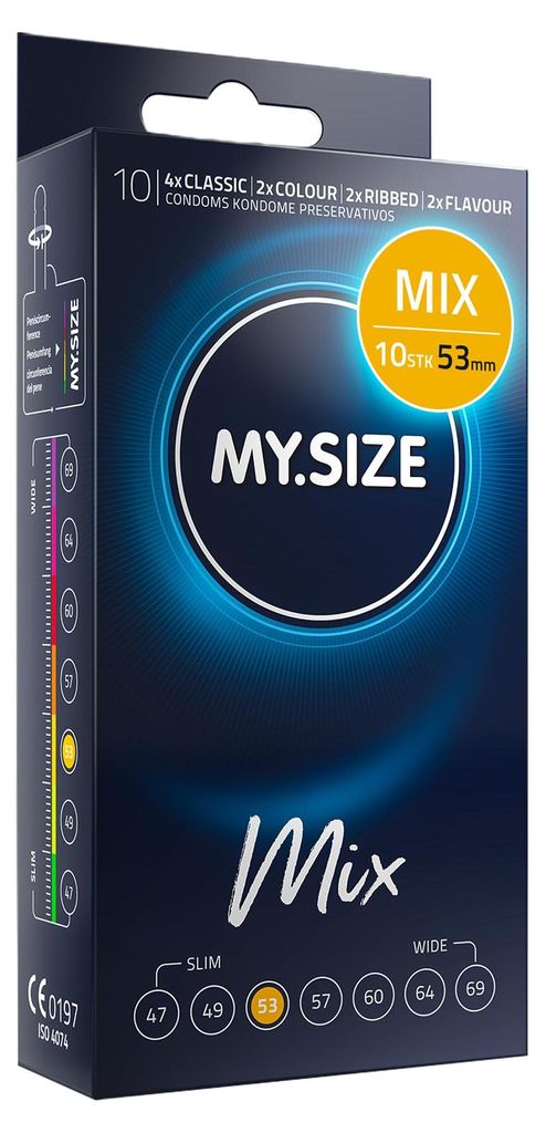 MY.SIZE Mix Kondome 10 Stück – Größe 53 mm – Classic, Ribbed, Flavour & Colour – Maßkondome Set Latex befeuchtet