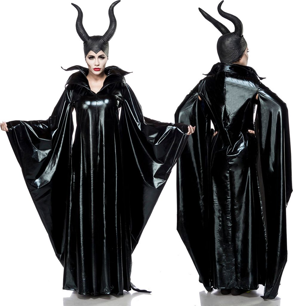 A woman wearing a Maleficent-style costume, shown from the front and back.