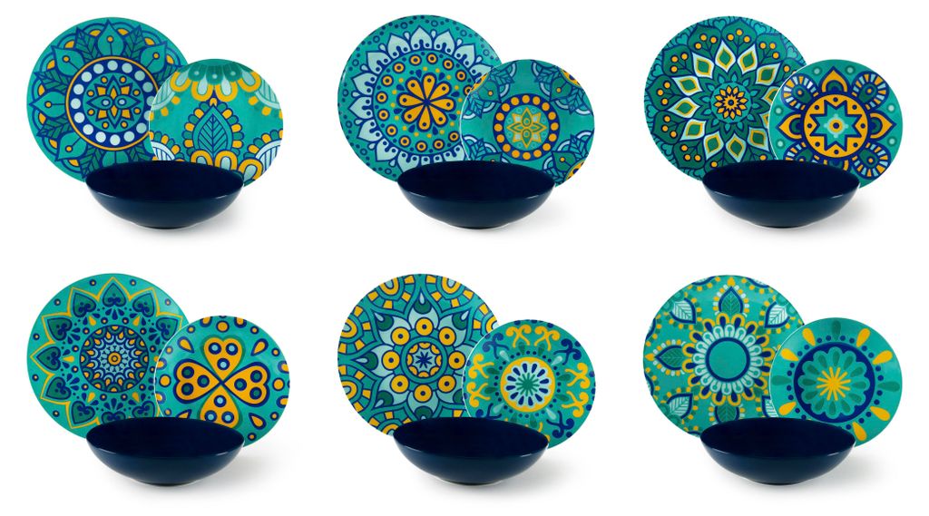Six sets of plates and bowls are arranged in two rows of three.