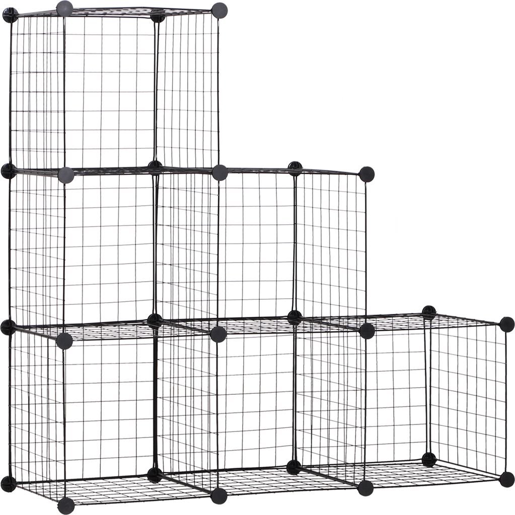 HOMCOM Steckregal, Regalsystem mit 6 Fächern, DIY Würfelregal aus Drahtgitter, Stufenregal für Wohnzimmer, Schlafzimmer, Schwarz, 109 x 37 x 109 cm