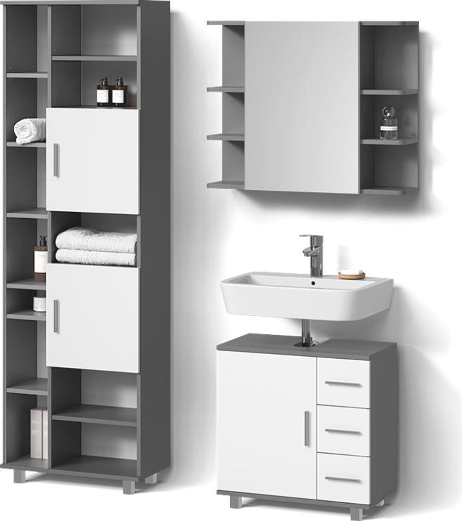 Badmöbel-Set Livinity Eisak Anthrazit 3 Teile, mit Hochschrank, Model 53046
