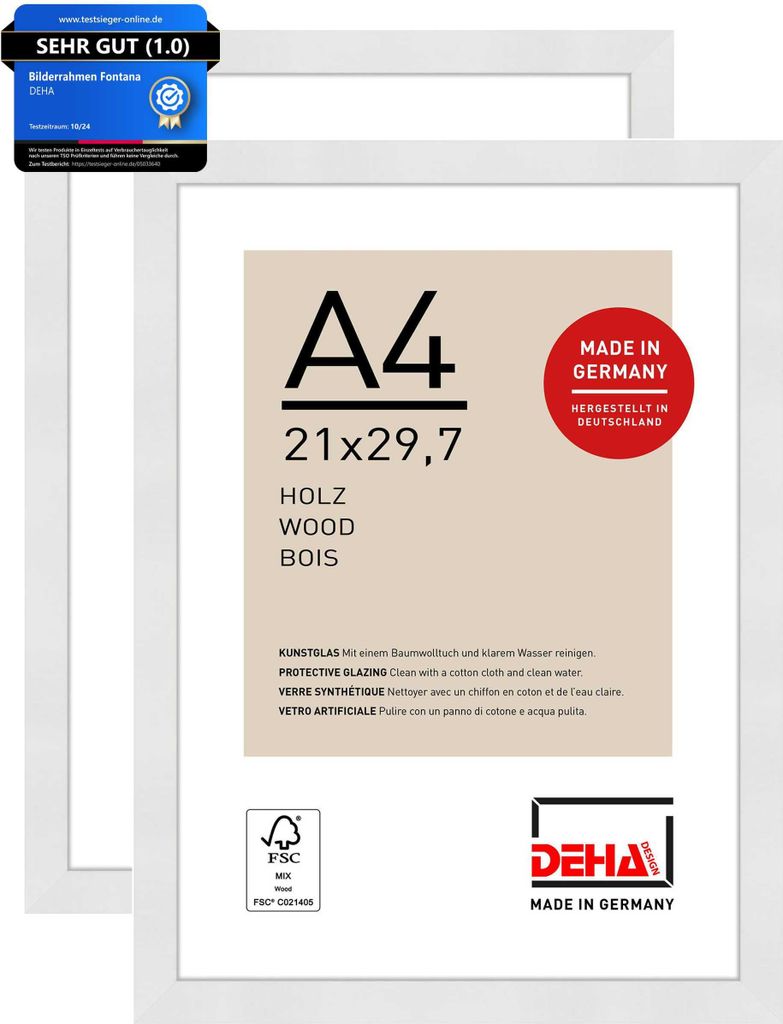 DEHA Design Bilderrahmen Fontana (2er Set), A4 21x29,7 cm, Holz Weiß