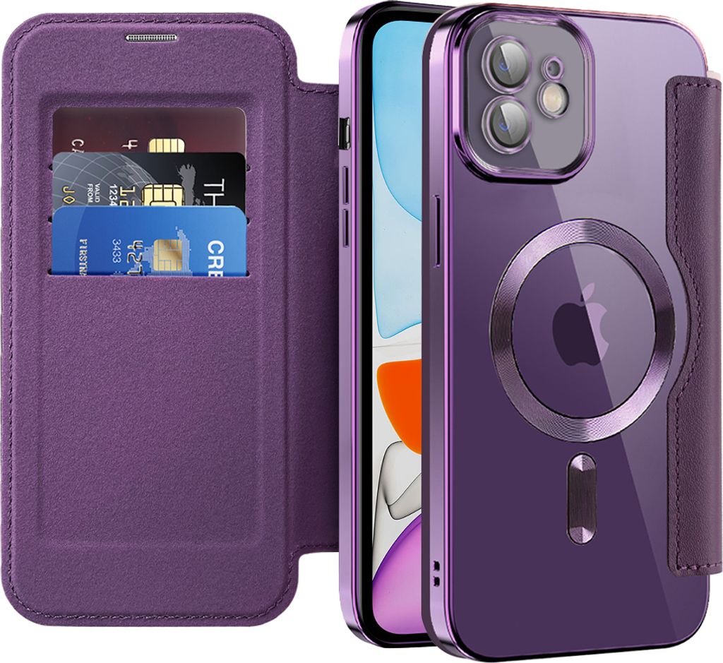 Klapphülle für iPhone 11 Kompatibel mit Magsafe, Klar Überzug Kartenhalter Ledertasche mit Kameraschutz Lila