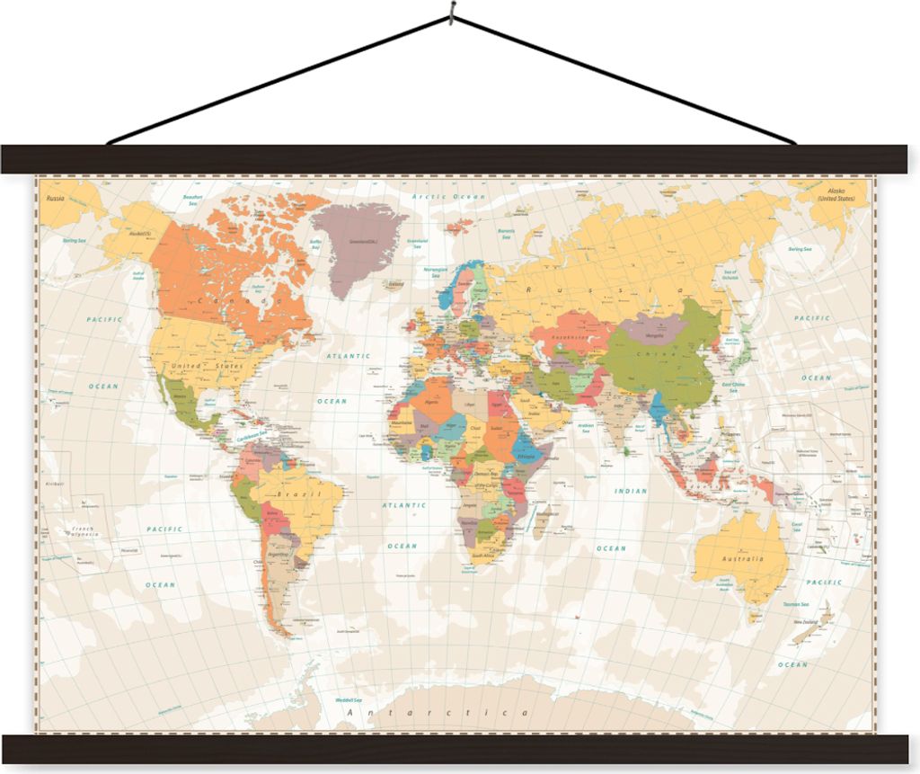 MuchoWow Textilposter Weltkarte - Retro - Farben - Pädagogisch - Statistisch 120x80 cm mit schwarzem Rahmen - Wanddeko