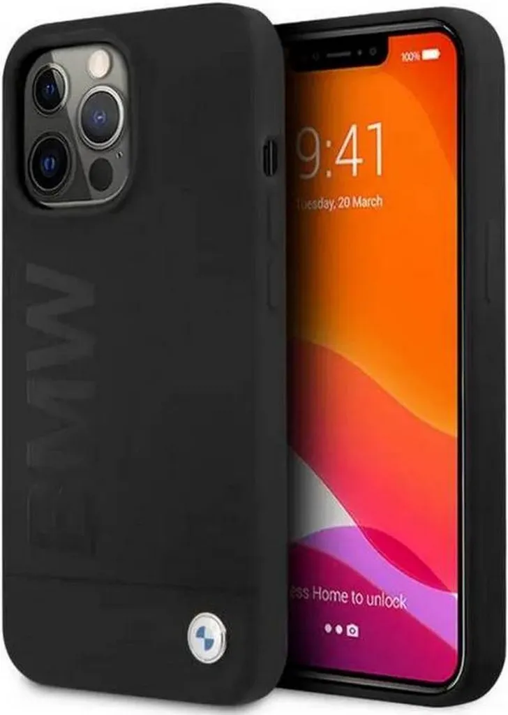 CG MOBILE BMW - Custodia per telefono compatibile con iPhone 13 Pro Max, con linee tricolore stampate a rete nera, in pelle PU, collezione M, custodia protettiva liscia con facile scatto, assorbimento
