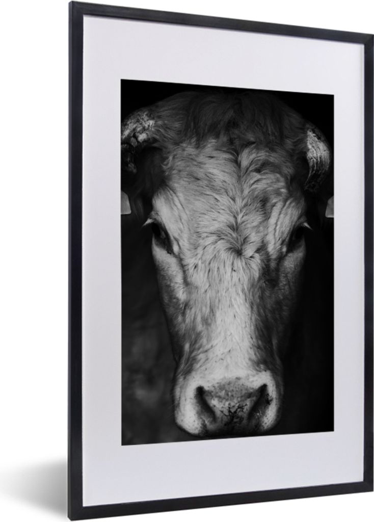 MuchoWow Gerahmtes Poster Tiere - Kuh - Schwarz - Weiß - Kuhkopf 40x60 cm - Poster mit Schwarzem Bilderrahmen Wandposter Rahmen Foto Bilder - Po...