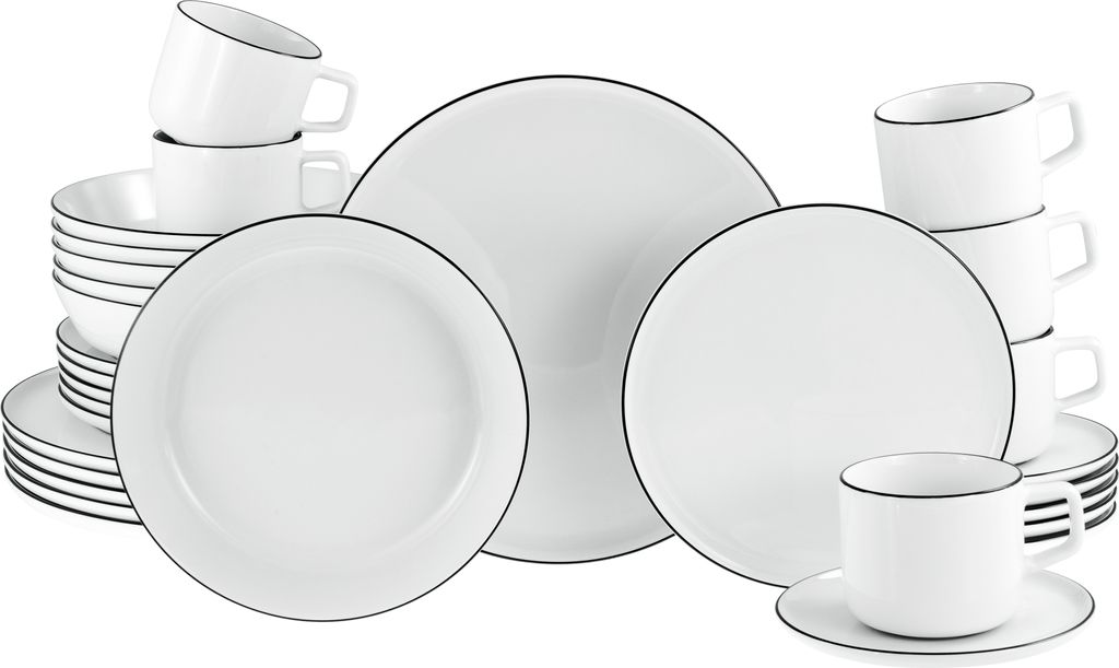 A collection of white ceramic plates and cups with black trim, arranged on a white background.