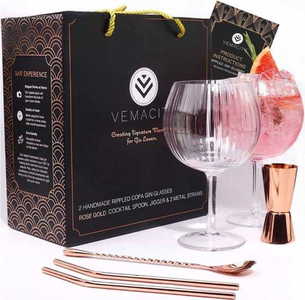Gin Gläser Set 2tlg mit Roségold Löffel und Metallstrohhalmen