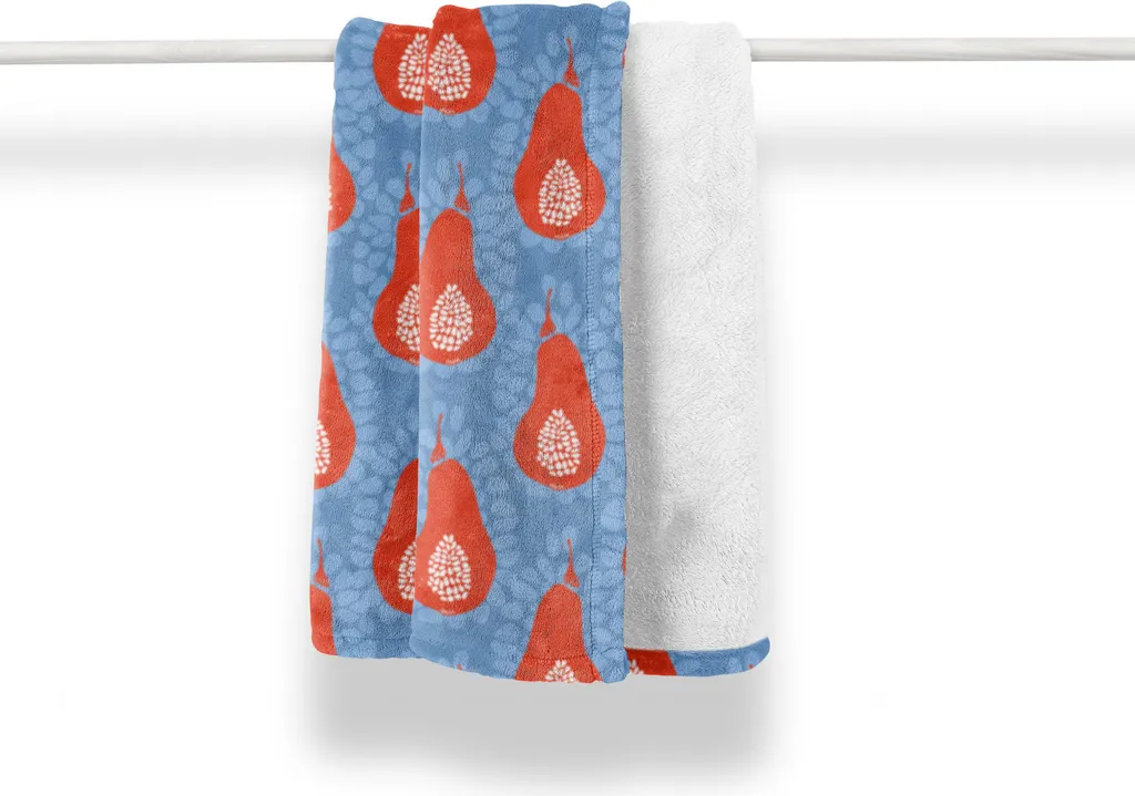 ABAKUHAUS Coperta in morbido pile di flanella con motivi fruttati, pere e noccioli dipinti a mano, confortevole peluche per interni ed esterni, 125 x 175 cm, Ceil Blue Vermilion