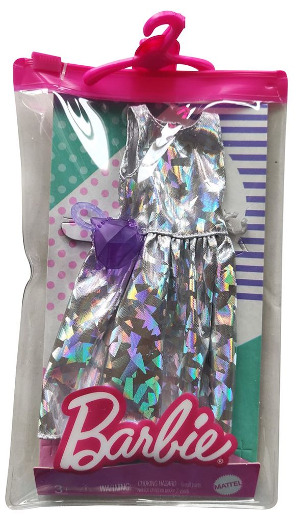 Mattel GRC02 Barbie Kleidung und Accessoires - silbernes Glitzer Kleid, lila Handtasche und ein Armband